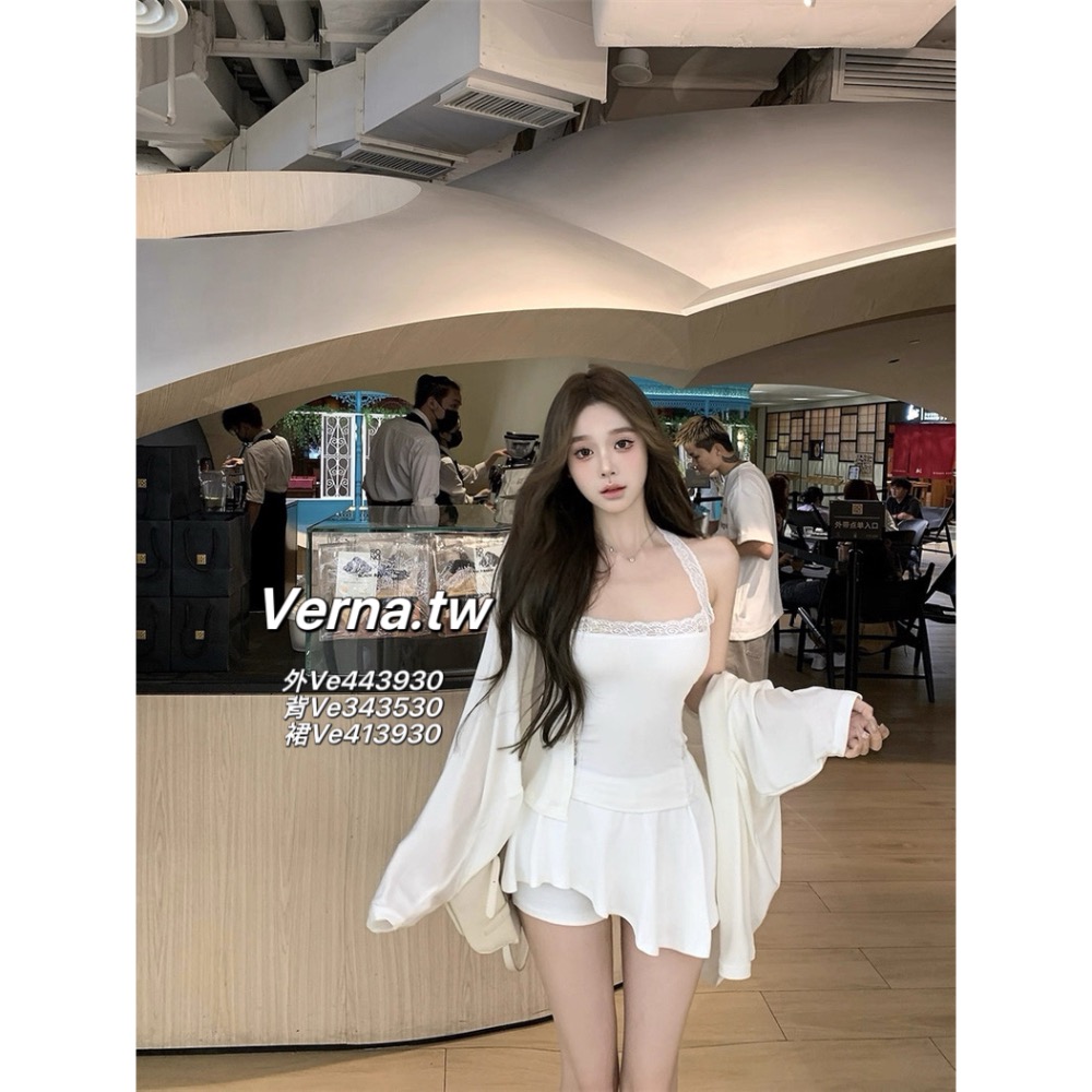 飄逸長袖外套x蕾絲鏤空掛脖背心x不規則褲裙 三件套裝-細節圖8