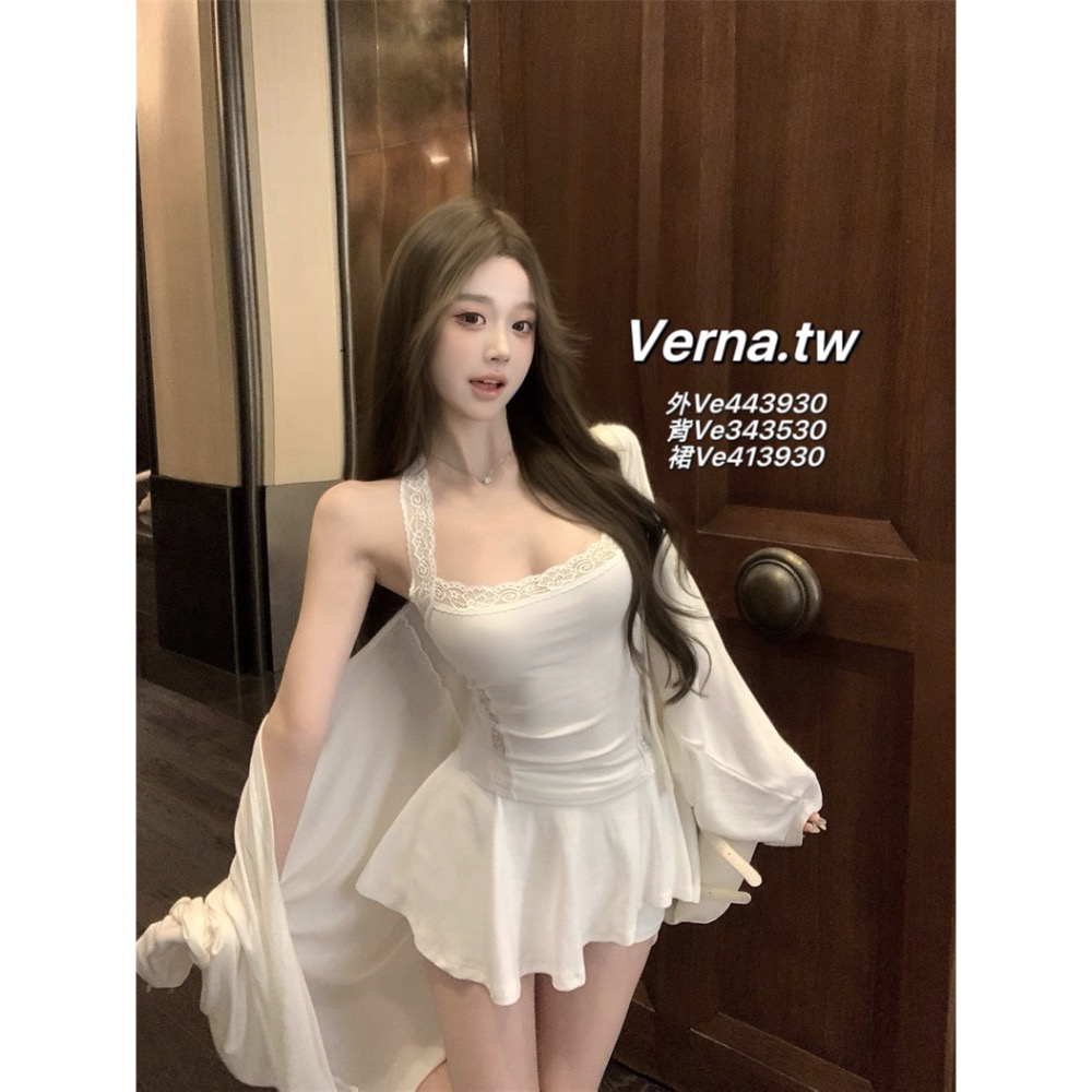 飄逸長袖外套x蕾絲鏤空掛脖背心x不規則褲裙 三件套裝-細節圖9