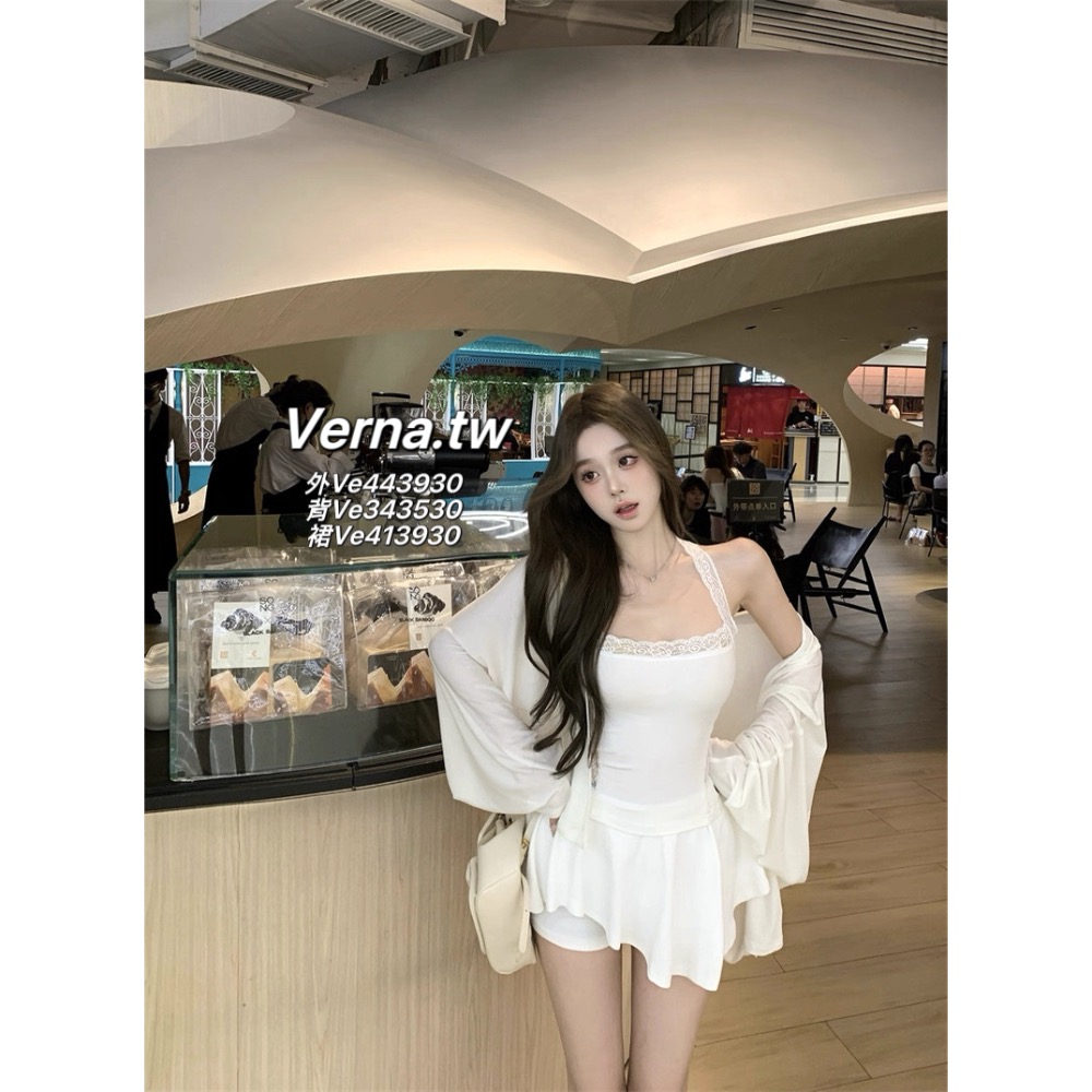 飄逸長袖外套x蕾絲鏤空掛脖背心x不規則褲裙 三件套裝-細節圖10