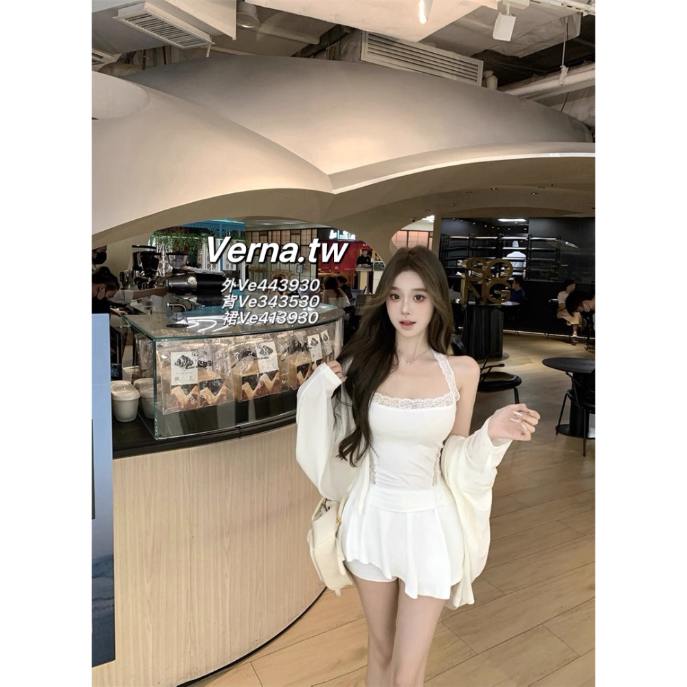 飄逸長袖外套x蕾絲鏤空掛脖背心x不規則褲裙 三件套裝-細節圖11