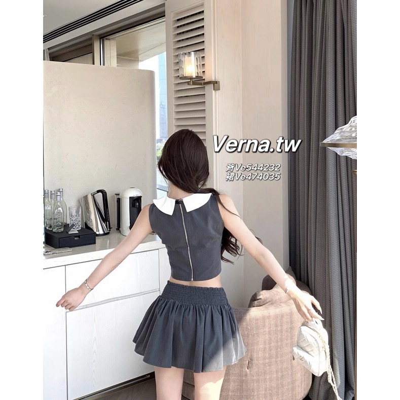 學院風灰色娃娃領背心x百褶裙套裝-細節圖4
