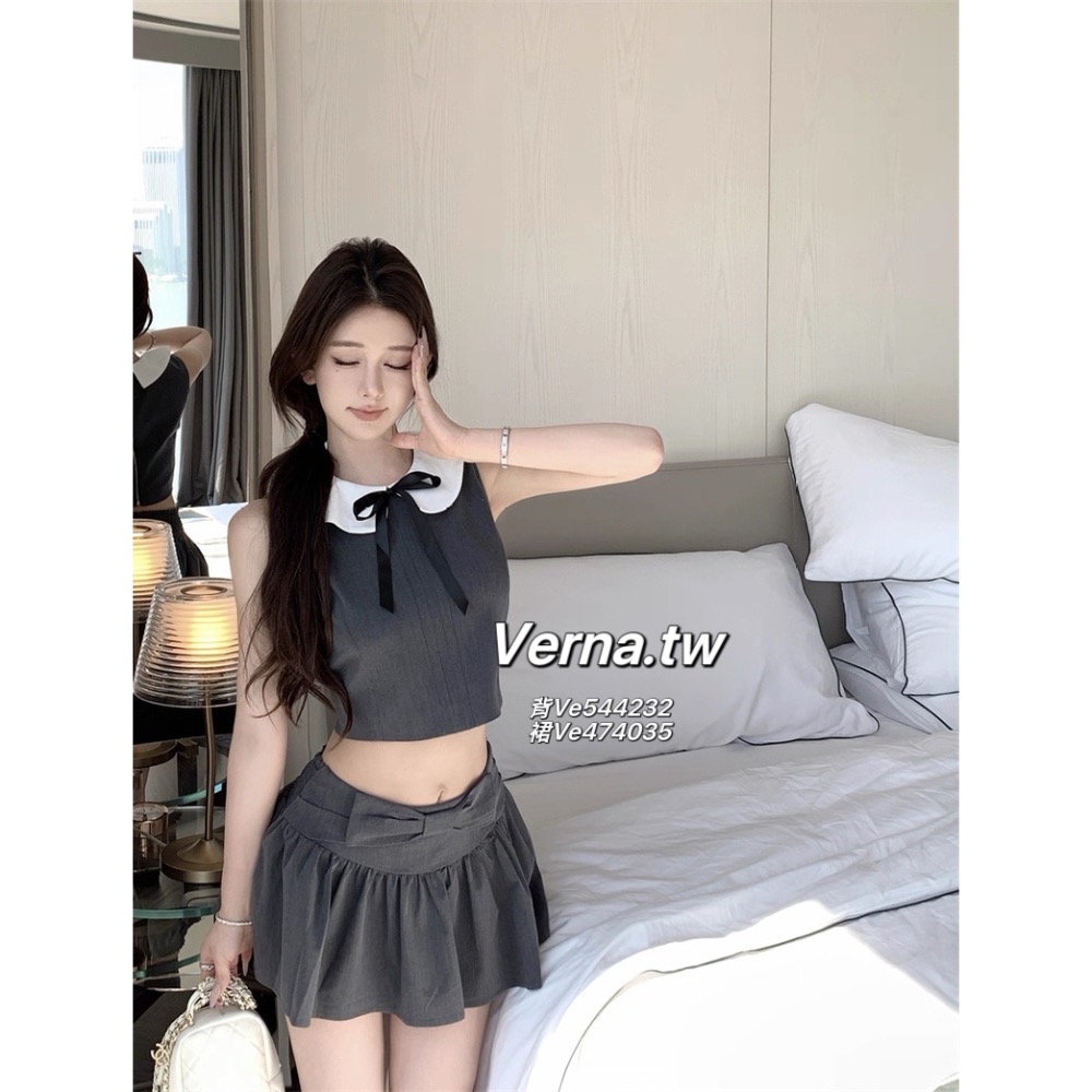 學院風灰色娃娃領背心x百褶裙套裝-細節圖5