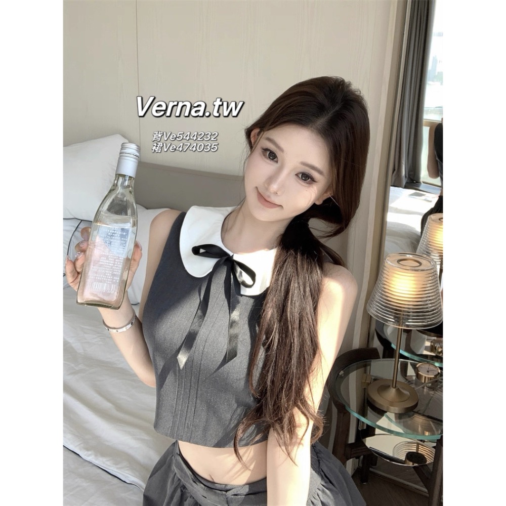 學院風灰色娃娃領背心x百褶裙套裝-細節圖6