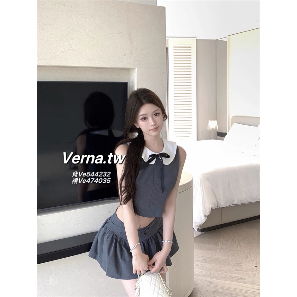 學院風灰色娃娃領背心x百褶裙套裝-細節圖8