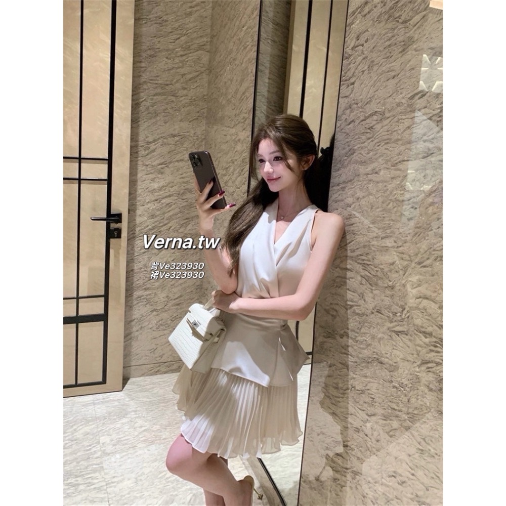 月下序曲緞面綁帶背心x雪紡百褶裙-細節圖9
