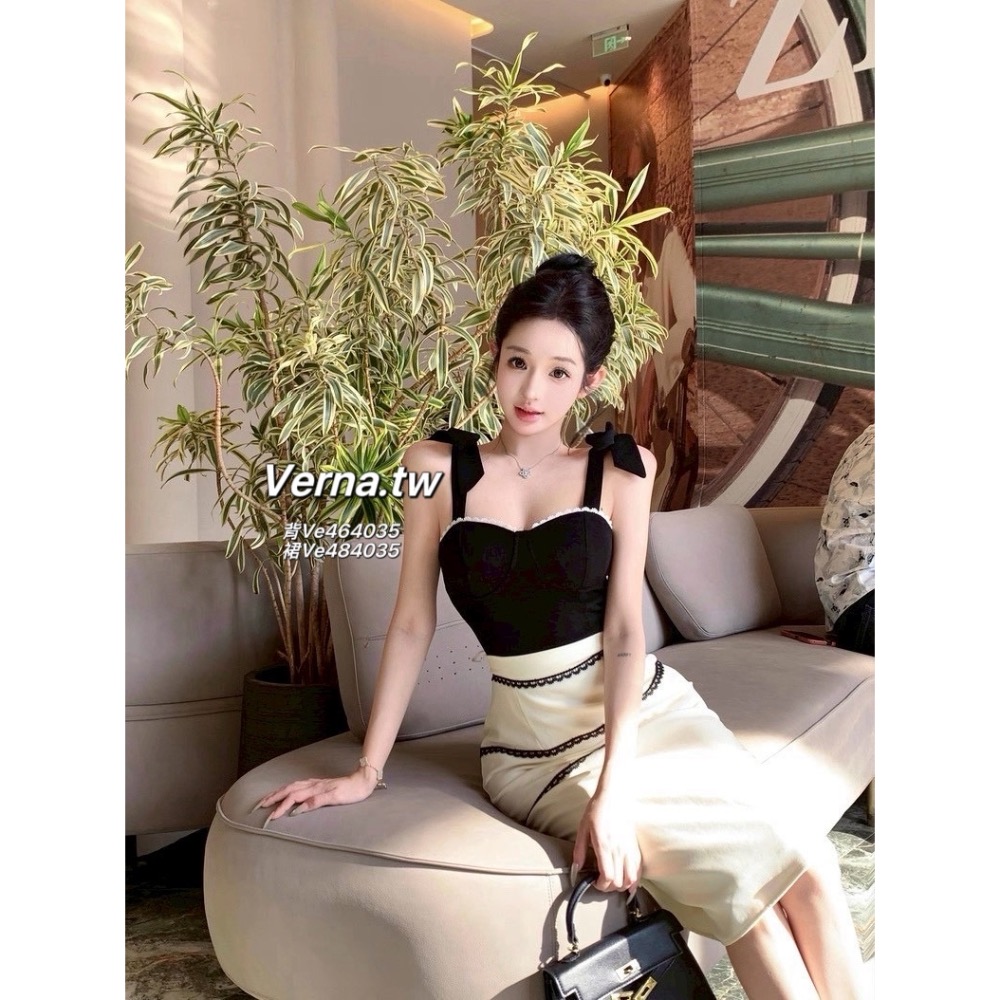 赫本風蝴蝶結系帶背心x蕾絲花拼接短裙-細節圖10