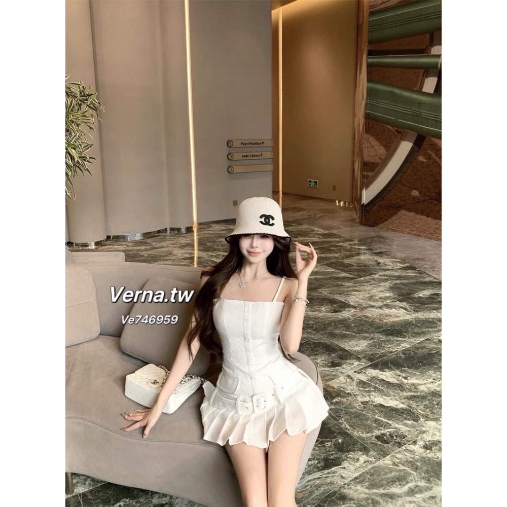 純白戀曲吊帶百褶連身裙x短褲套裝-細節圖4