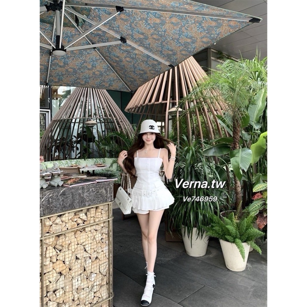 純白戀曲吊帶百褶連身裙x短褲套裝-細節圖5