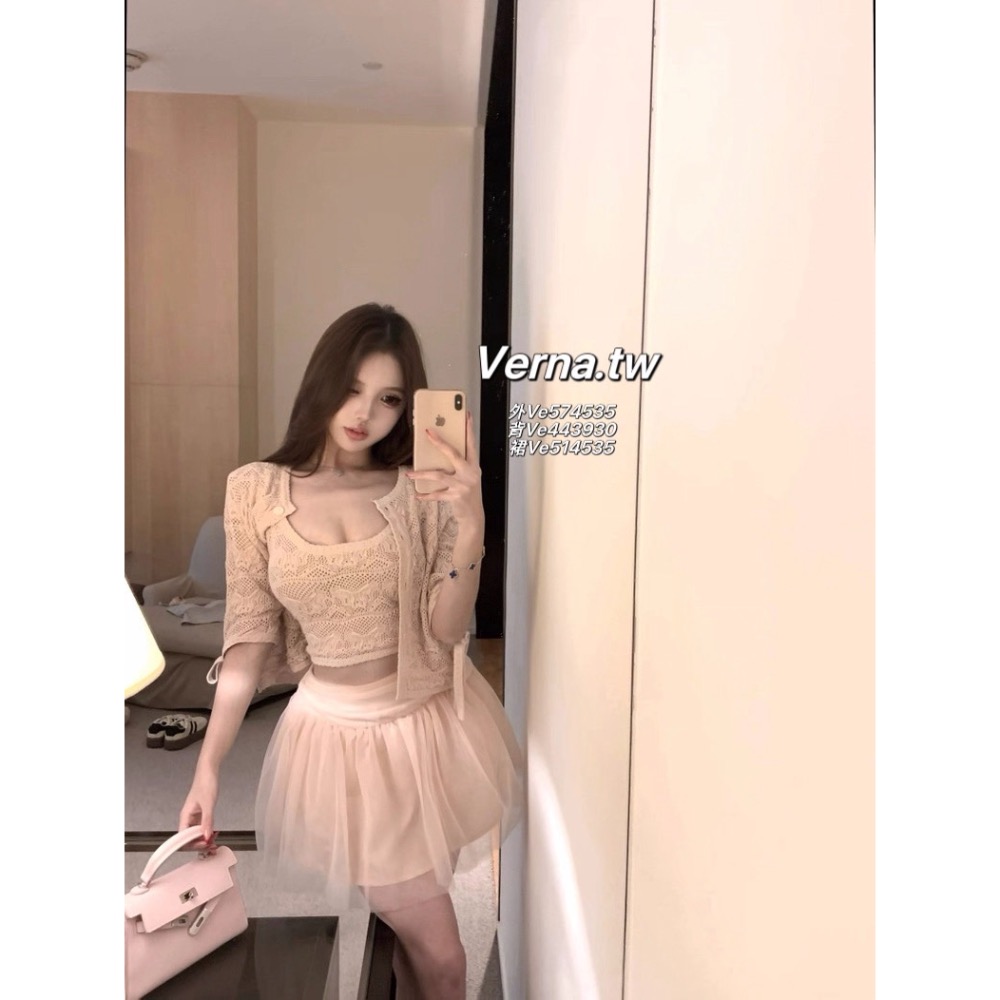 溫柔粉甜三件組套裝 勾花綁帶外套x背心x澎澎紗裙-細節圖2