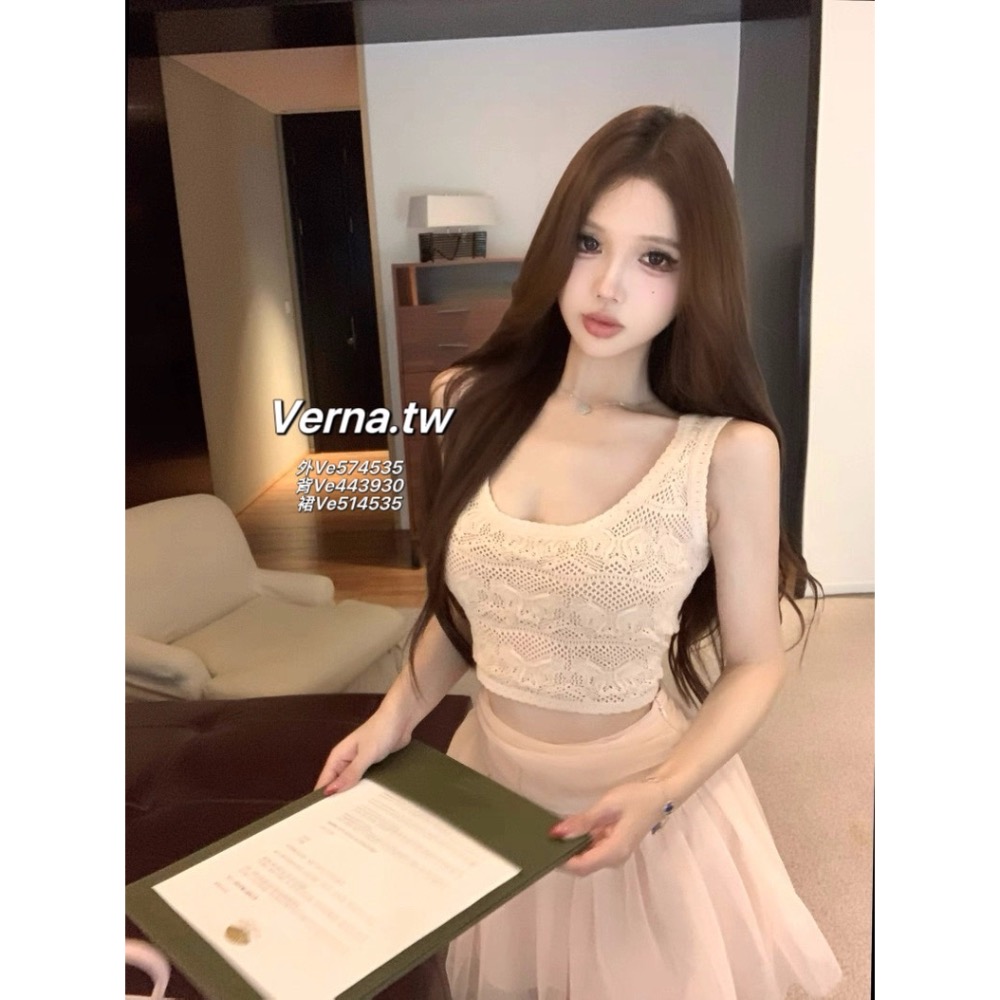 溫柔粉甜三件組套裝 勾花綁帶外套x背心x澎澎紗裙-細節圖5