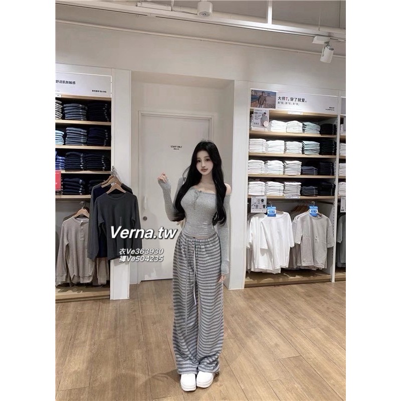 一字領鈕扣灰色上衣x條紋長褲套裝-細節圖9