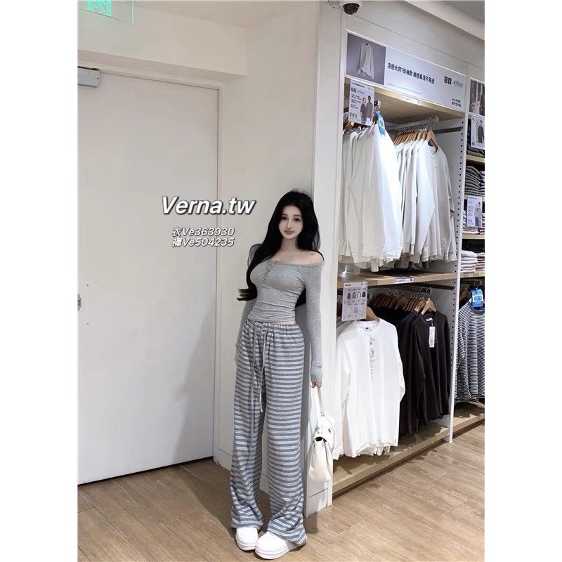 一字領鈕扣灰色上衣x條紋長褲套裝-細節圖10