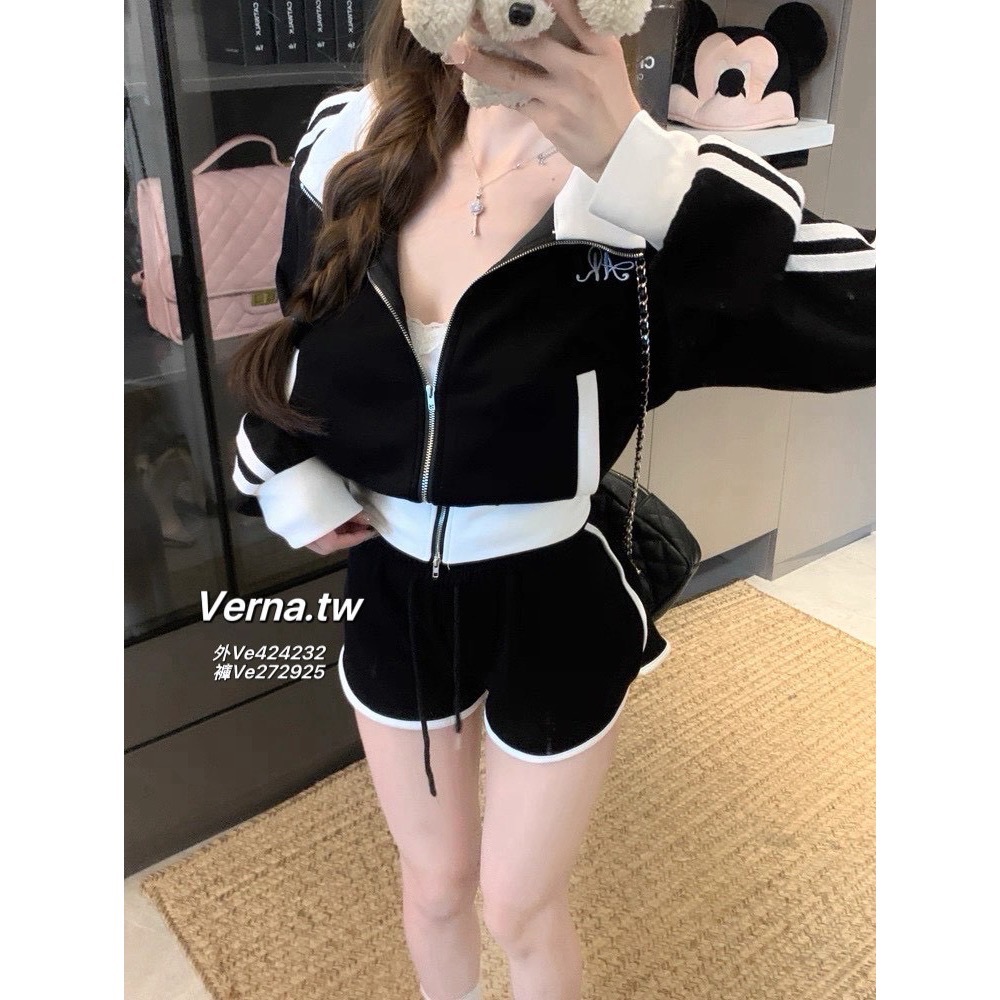 拼接撞色運動風翻領外套x短褲套裝-細節圖3