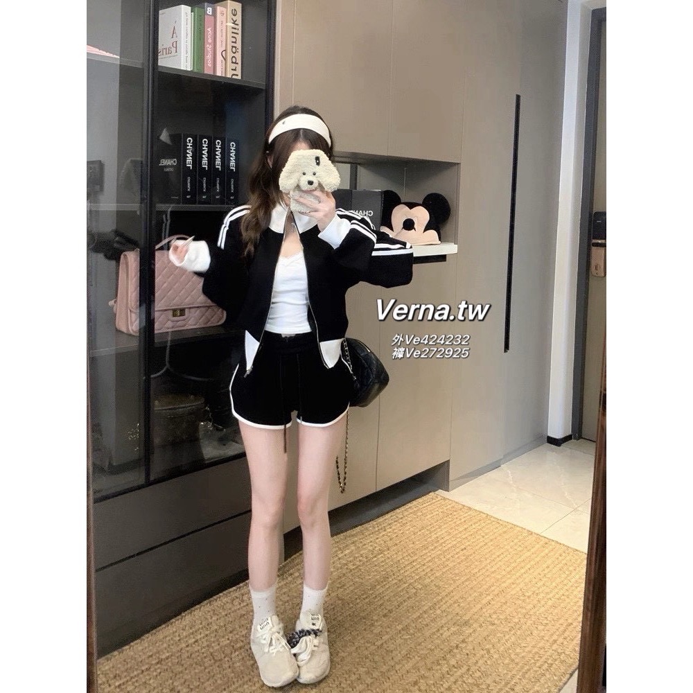 拼接撞色運動風翻領外套x短褲套裝-細節圖4