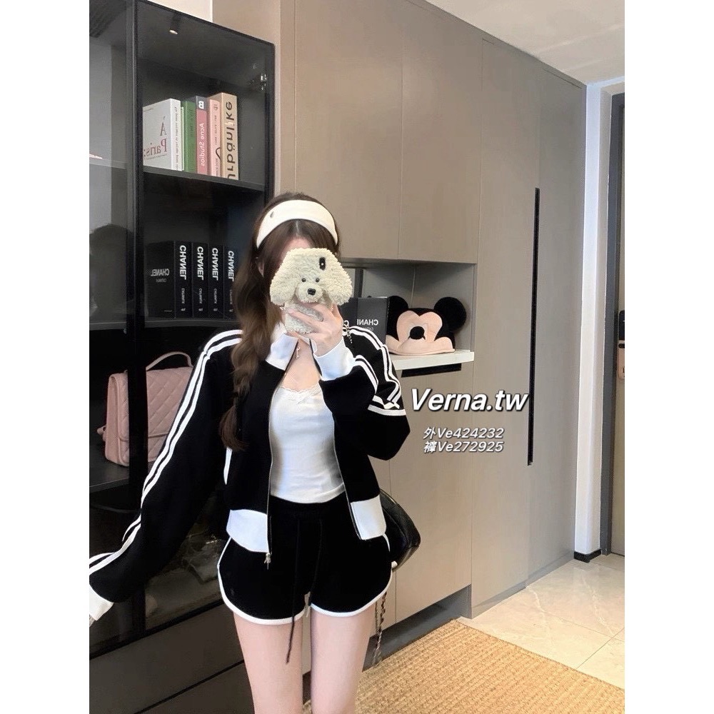 拼接撞色運動風翻領外套x短褲套裝-細節圖5