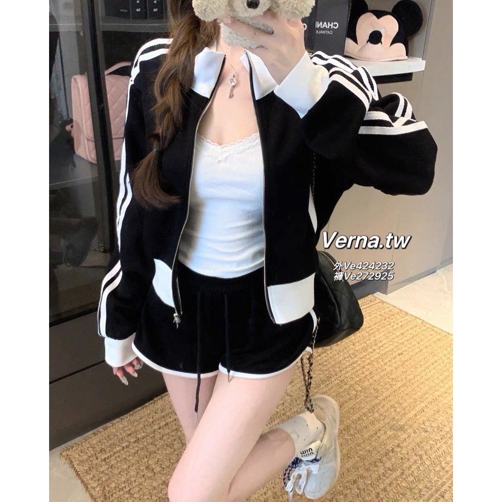 拼接撞色運動風翻領外套x短褲套裝-細節圖7