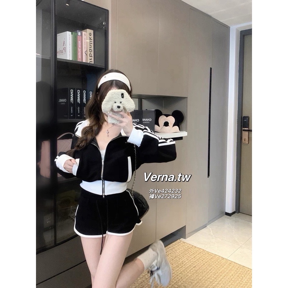 拼接撞色運動風翻領外套x短褲套裝-細節圖8