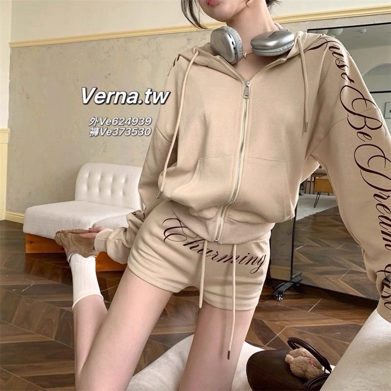 卡其色美式字母印花連帽外套x短褲套裝-細節圖3