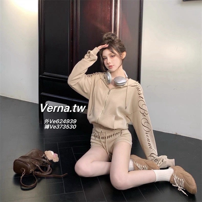 卡其色美式字母印花連帽外套x短褲套裝-細節圖6