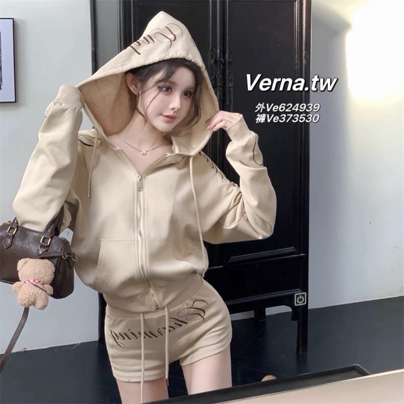 卡其色美式字母印花連帽外套x短褲套裝-細節圖7