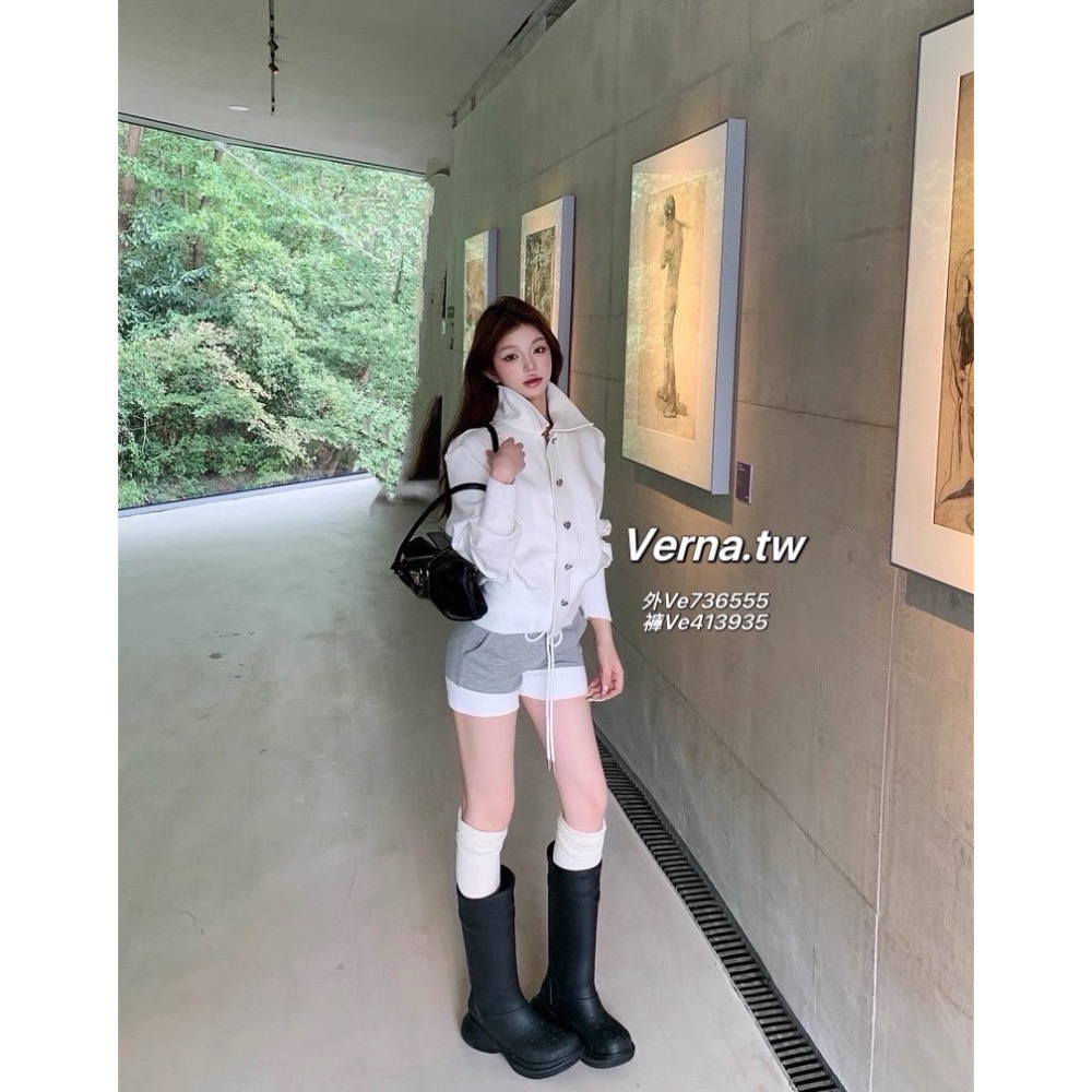 立領純白夾克外套x灰色短褲套裝-細節圖6