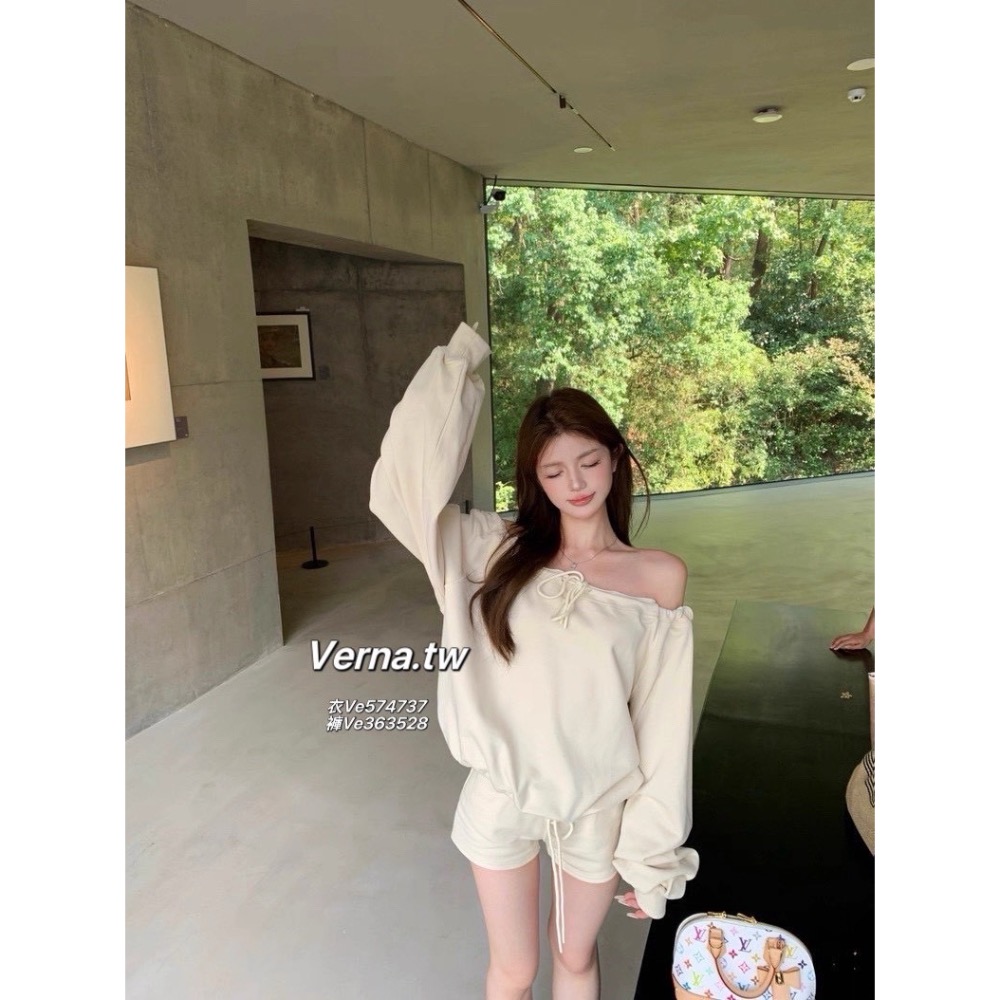一字領露肩抽繩綁帶上衣x短褲套裝-細節圖2