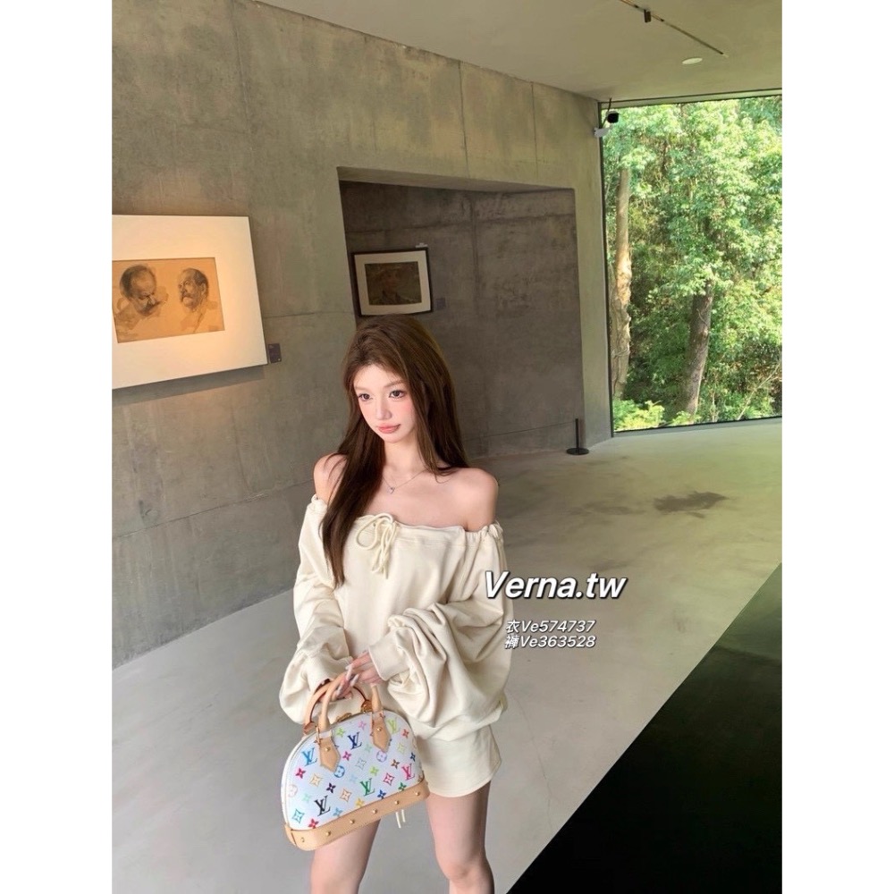 一字領露肩抽繩綁帶上衣x短褲套裝-細節圖3