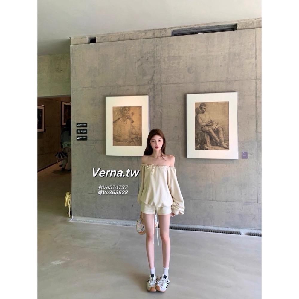 一字領露肩抽繩綁帶上衣x短褲套裝-細節圖4