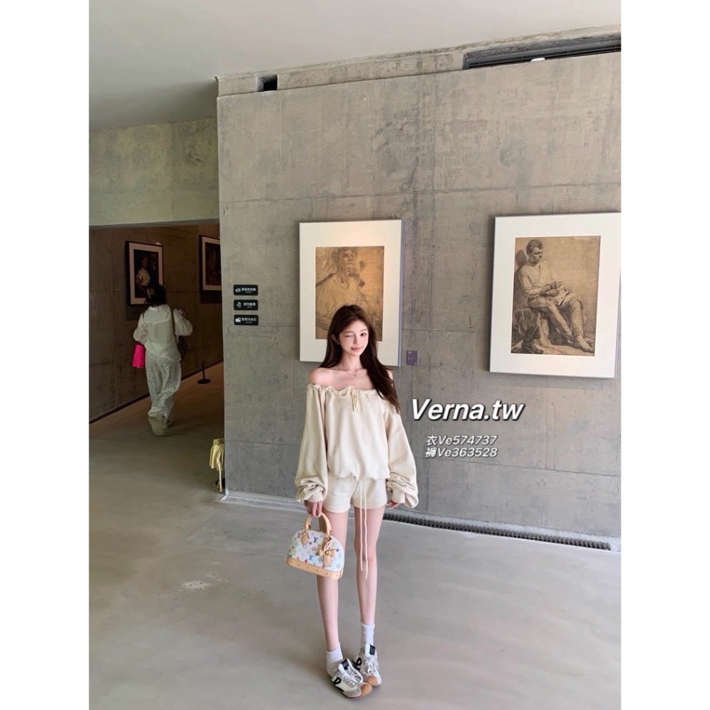 一字領露肩抽繩綁帶上衣x短褲套裝-細節圖5