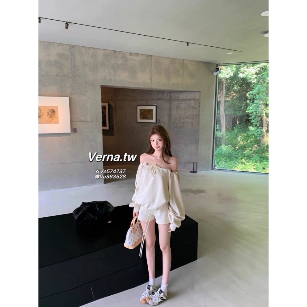 一字領露肩抽繩綁帶上衣x短褲套裝-細節圖6