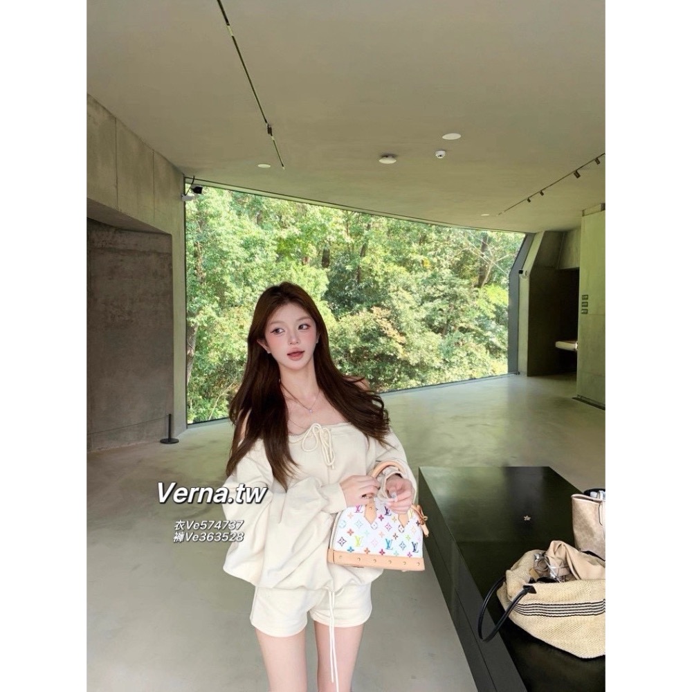 一字領露肩抽繩綁帶上衣x短褲套裝-細節圖7