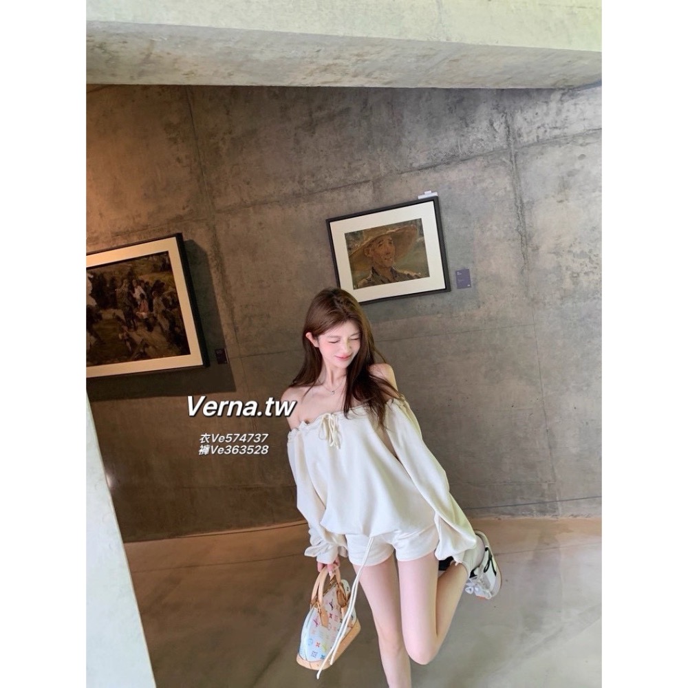 一字領露肩抽繩綁帶上衣x短褲套裝-細節圖8