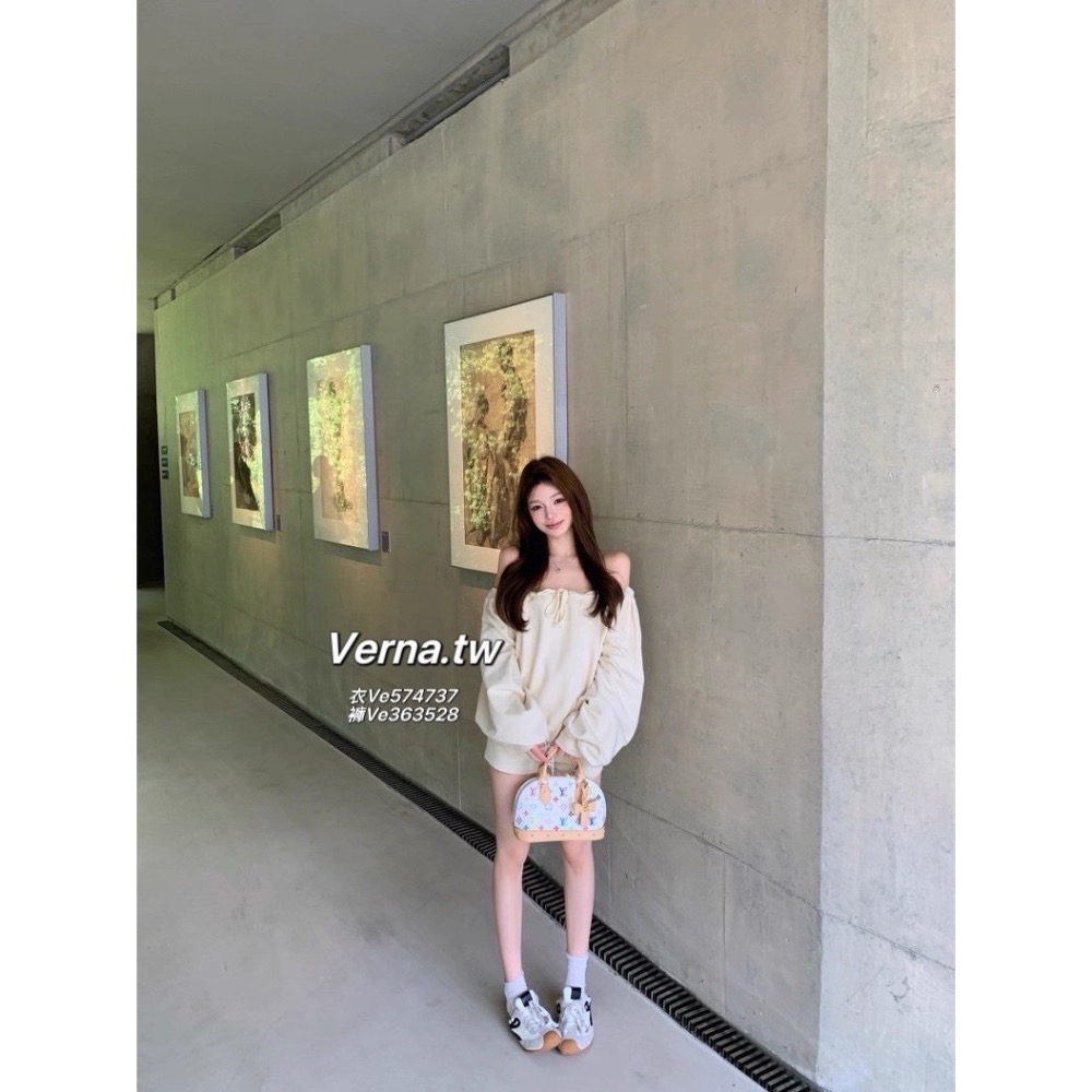 一字領露肩抽繩綁帶上衣x短褲套裝-細節圖9