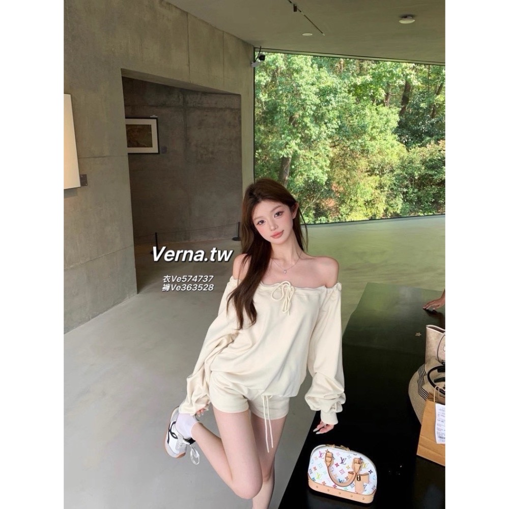 一字領露肩抽繩綁帶上衣x短褲套裝-細節圖10