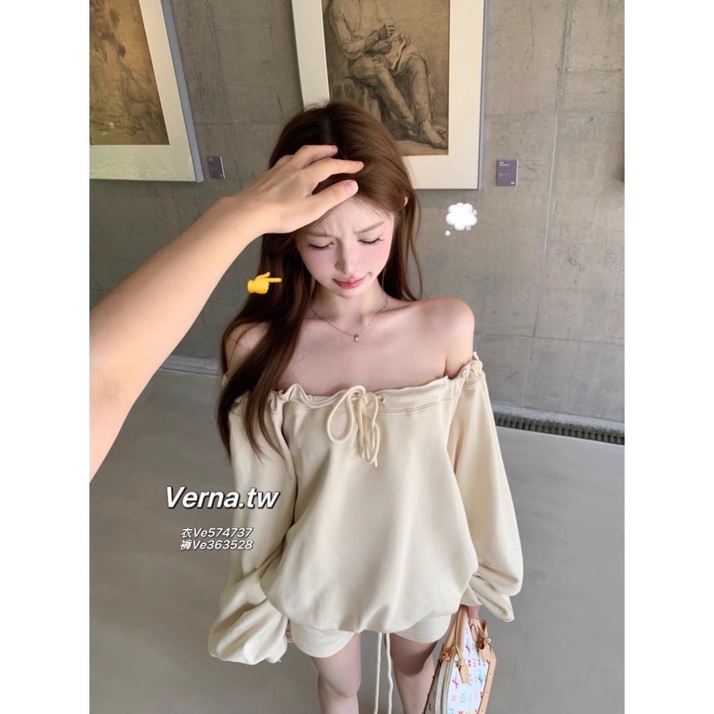 一字領露肩抽繩綁帶上衣x短褲套裝-細節圖11