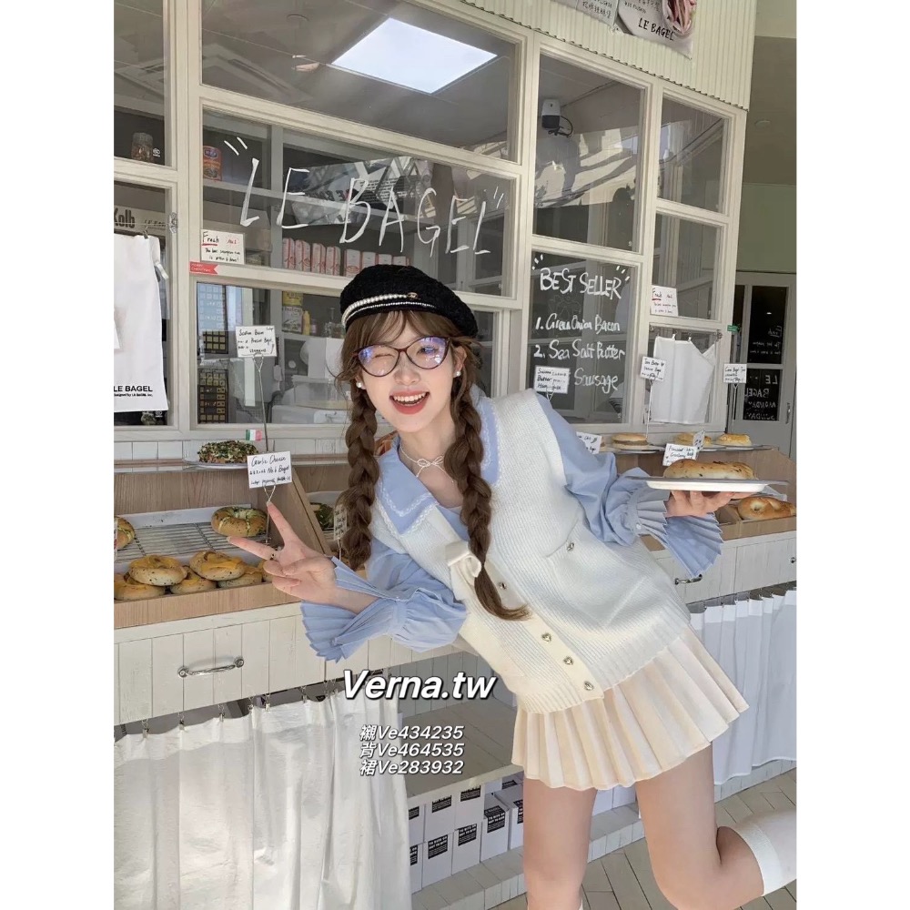 法式倫敦學院風三件套裝 喇叭袖藍色襯衫x奶白啾啾背心x百褶裙-細節圖4