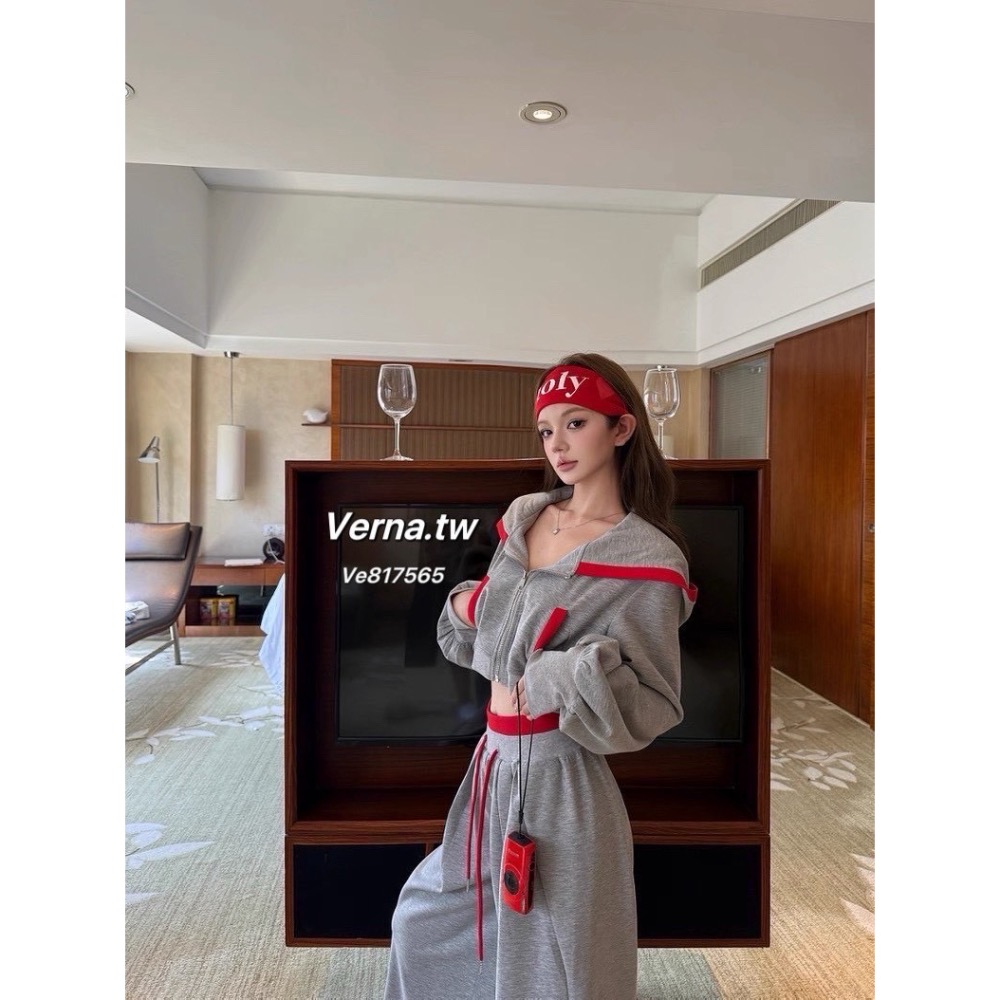 灰紅拼色短版連帽外套 x抽繩高腰褲套裝-細節圖2