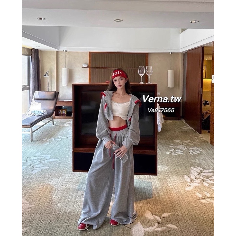 灰紅拼色短版連帽外套 x抽繩高腰褲套裝-細節圖3