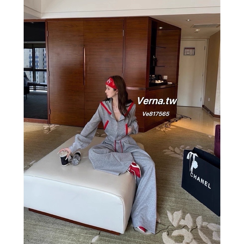 灰紅拼色短版連帽外套 x抽繩高腰褲套裝-細節圖4