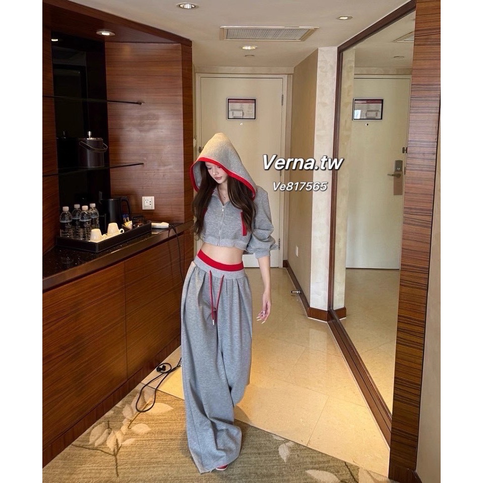 灰紅拼色短版連帽外套 x抽繩高腰褲套裝-細節圖5