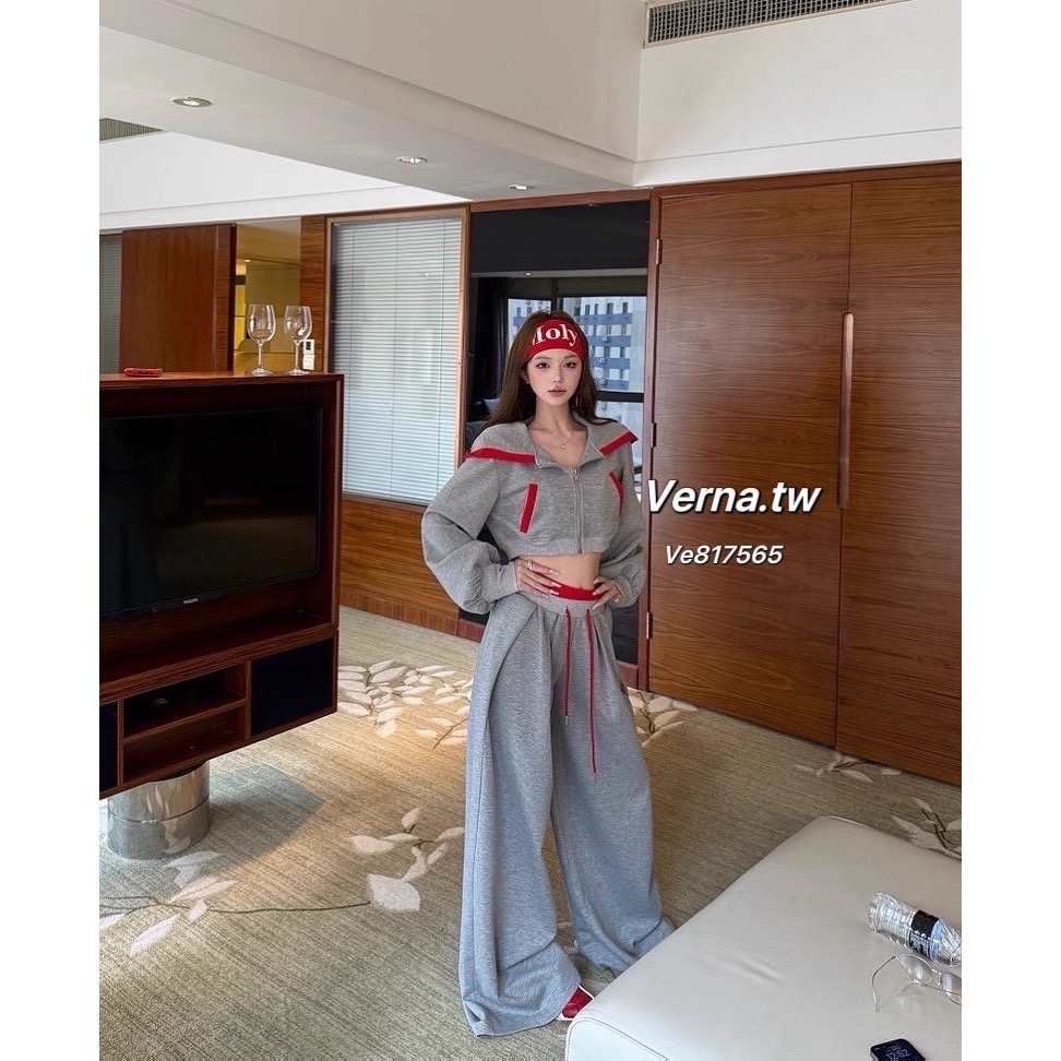 灰紅拼色短版連帽外套 x抽繩高腰褲套裝-細節圖6