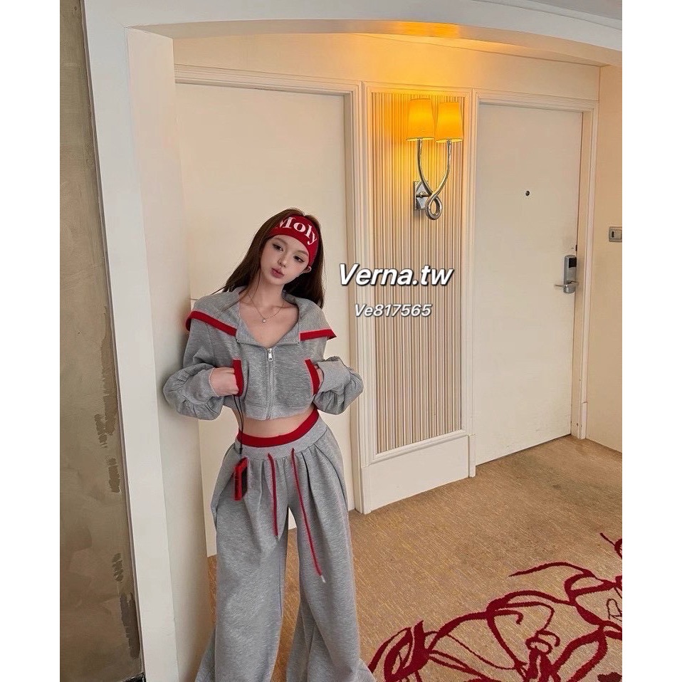 灰紅拼色短版連帽外套 x抽繩高腰褲套裝-細節圖7