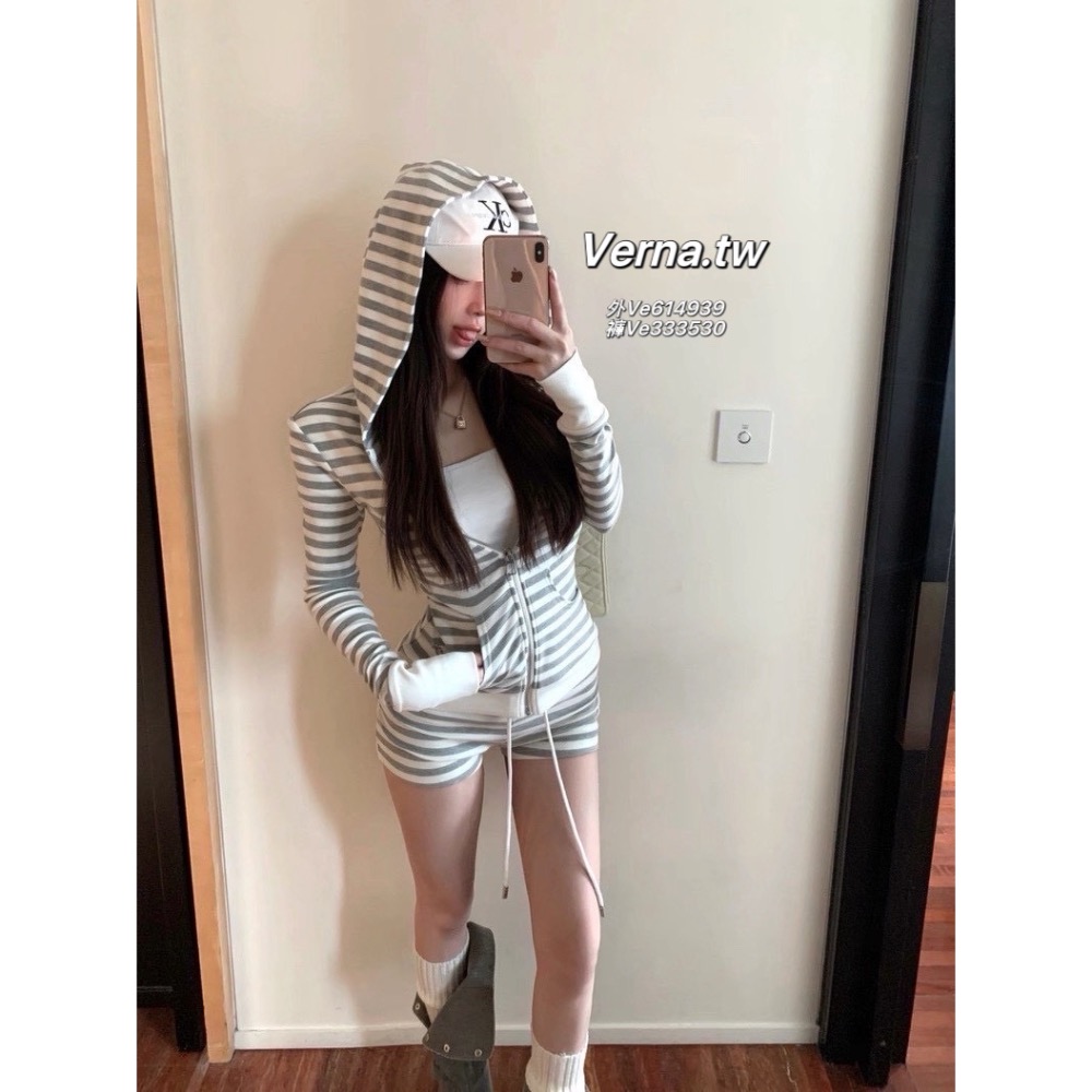 休閒風灰白條紋外套 x 短褲套裝-細節圖4