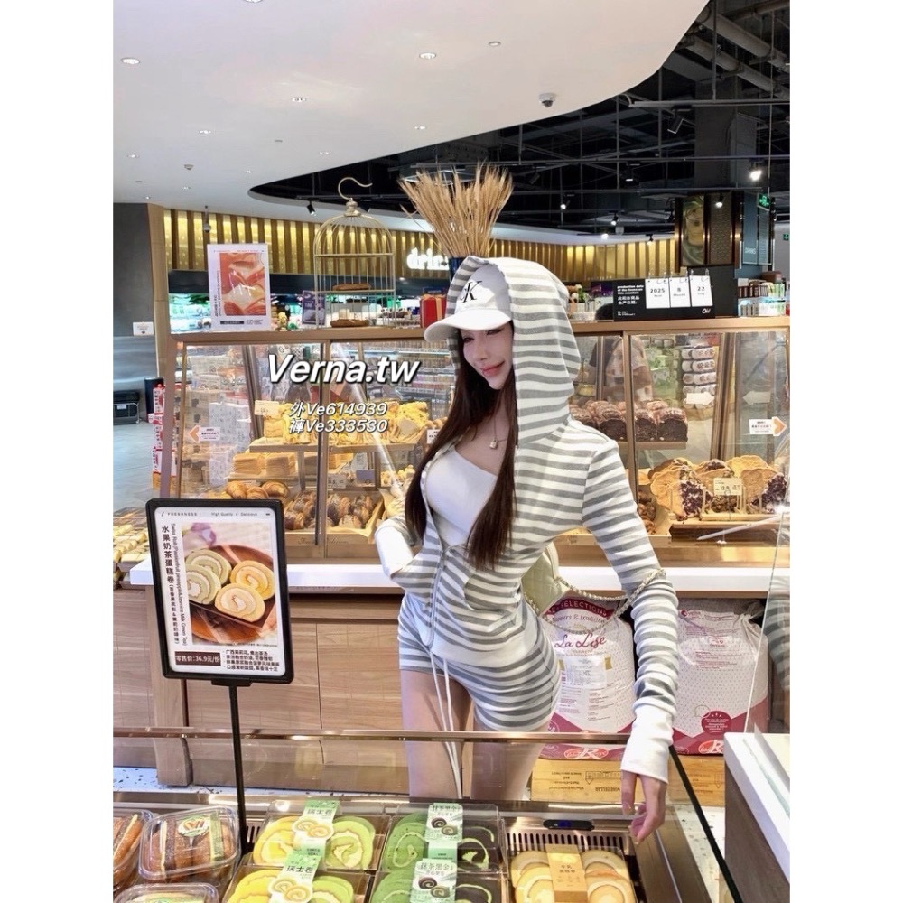 休閒風灰白條紋外套 x 短褲套裝-細節圖6