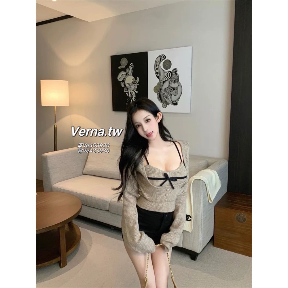 層次疊穿罩衫蝴蝶結針織吊帶背心-細節圖2