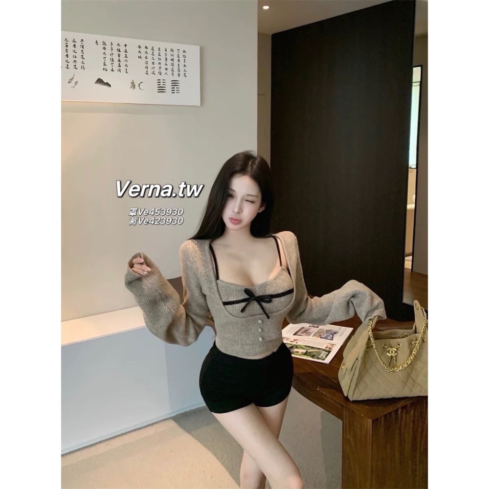 層次疊穿罩衫蝴蝶結針織吊帶背心-細節圖3