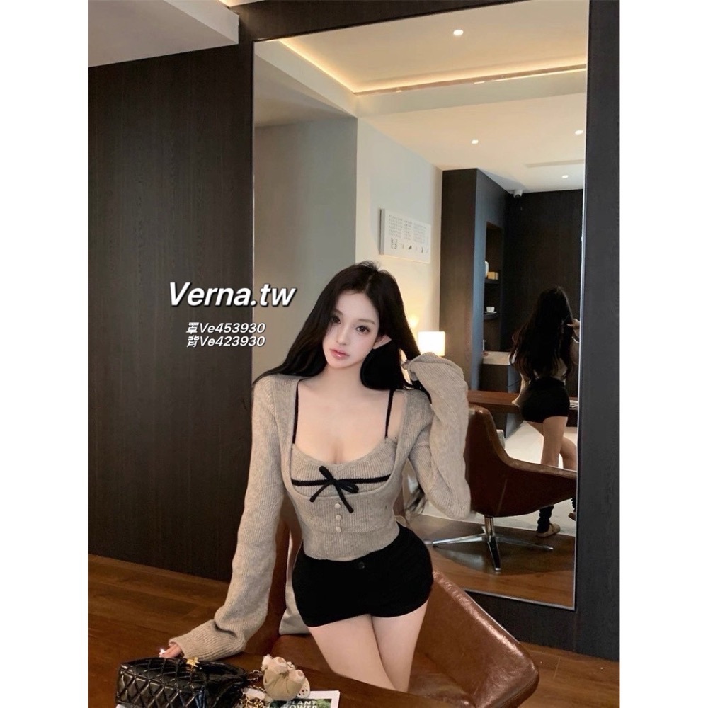 層次疊穿罩衫蝴蝶結針織吊帶背心-細節圖8