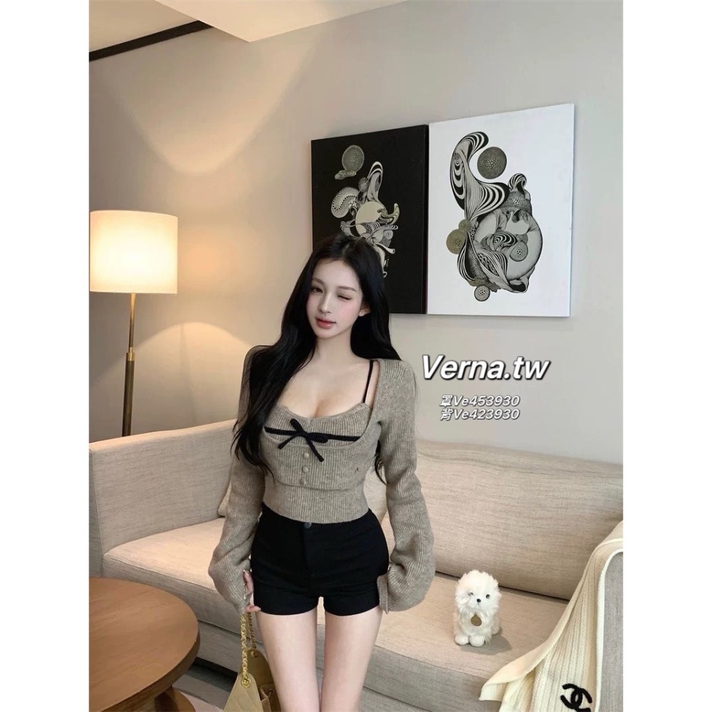 層次疊穿罩衫蝴蝶結針織吊帶背心-細節圖9