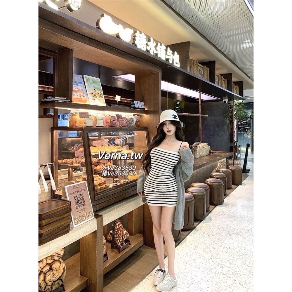 兩件式穿搭 灰色針織外套x黑白條紋吊帶連身裙-細節圖7