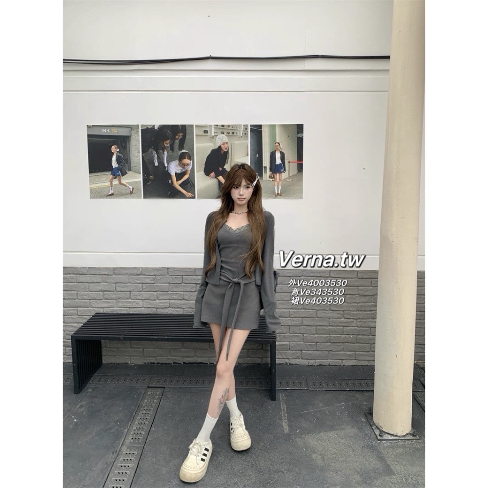 悠閒時光炭灰三件套 外套x吊帶蕾絲背心x裙子-細節圖5